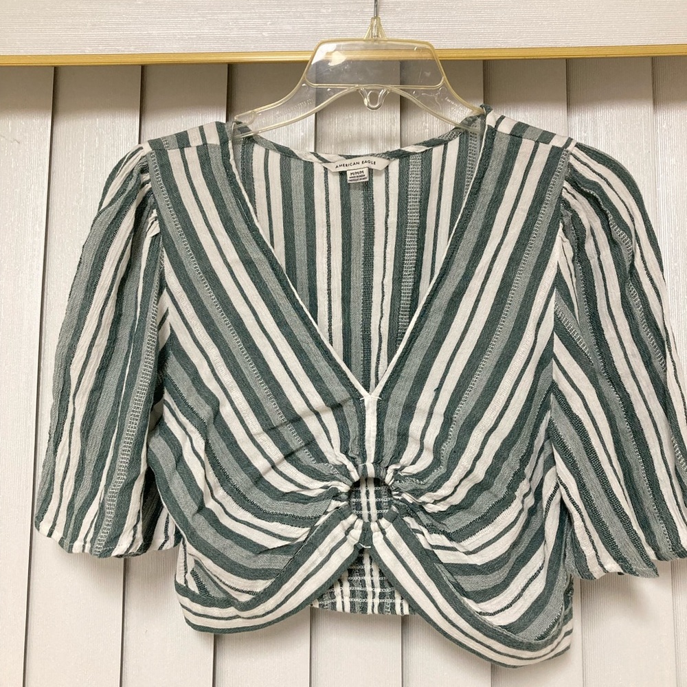 American Eagle Striped Green and White Crop Top-M